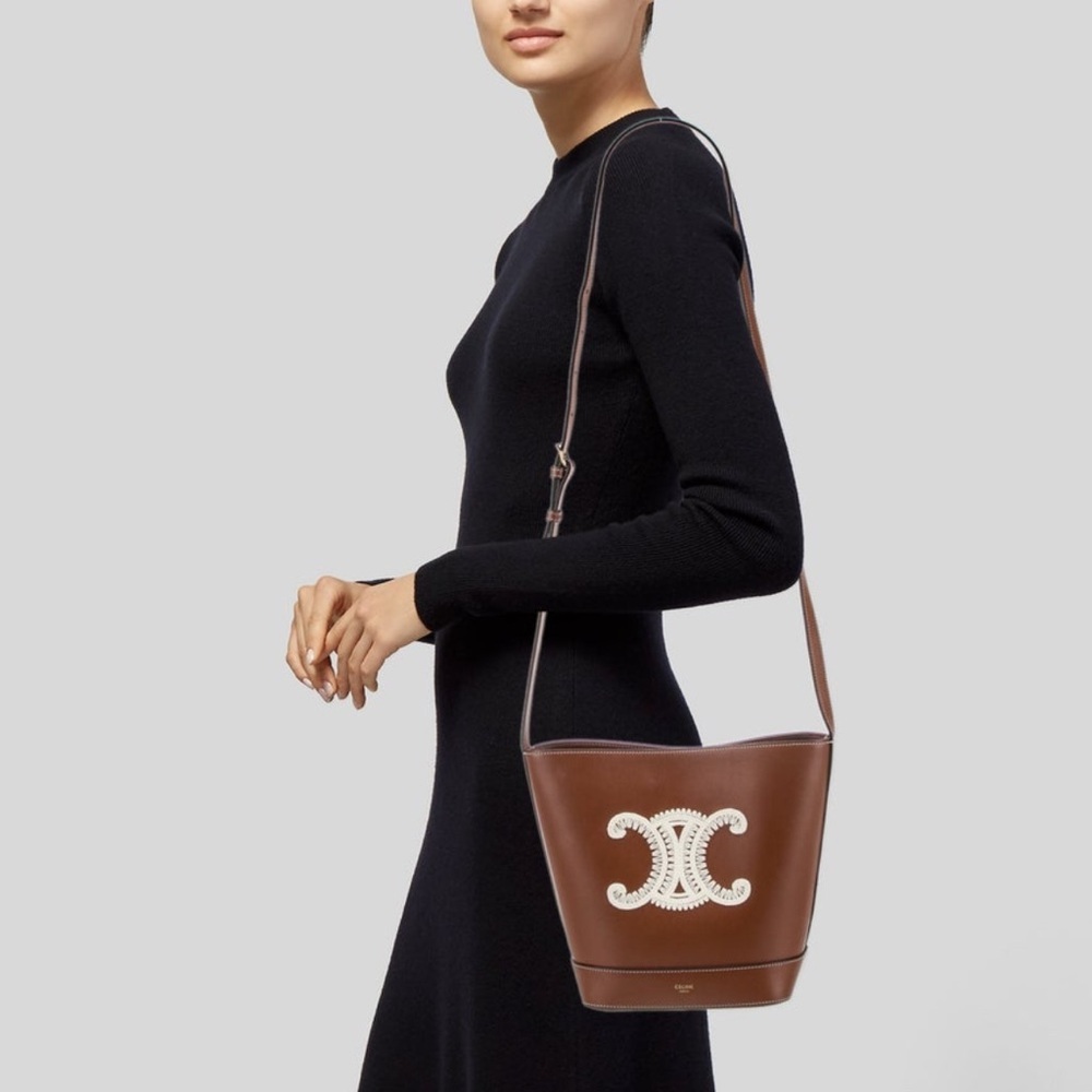 Celine 2022 Small Triomphe Brown Calfskin Leather Logo Embroidery Bucket Bag EUC - Picture 2 of 11